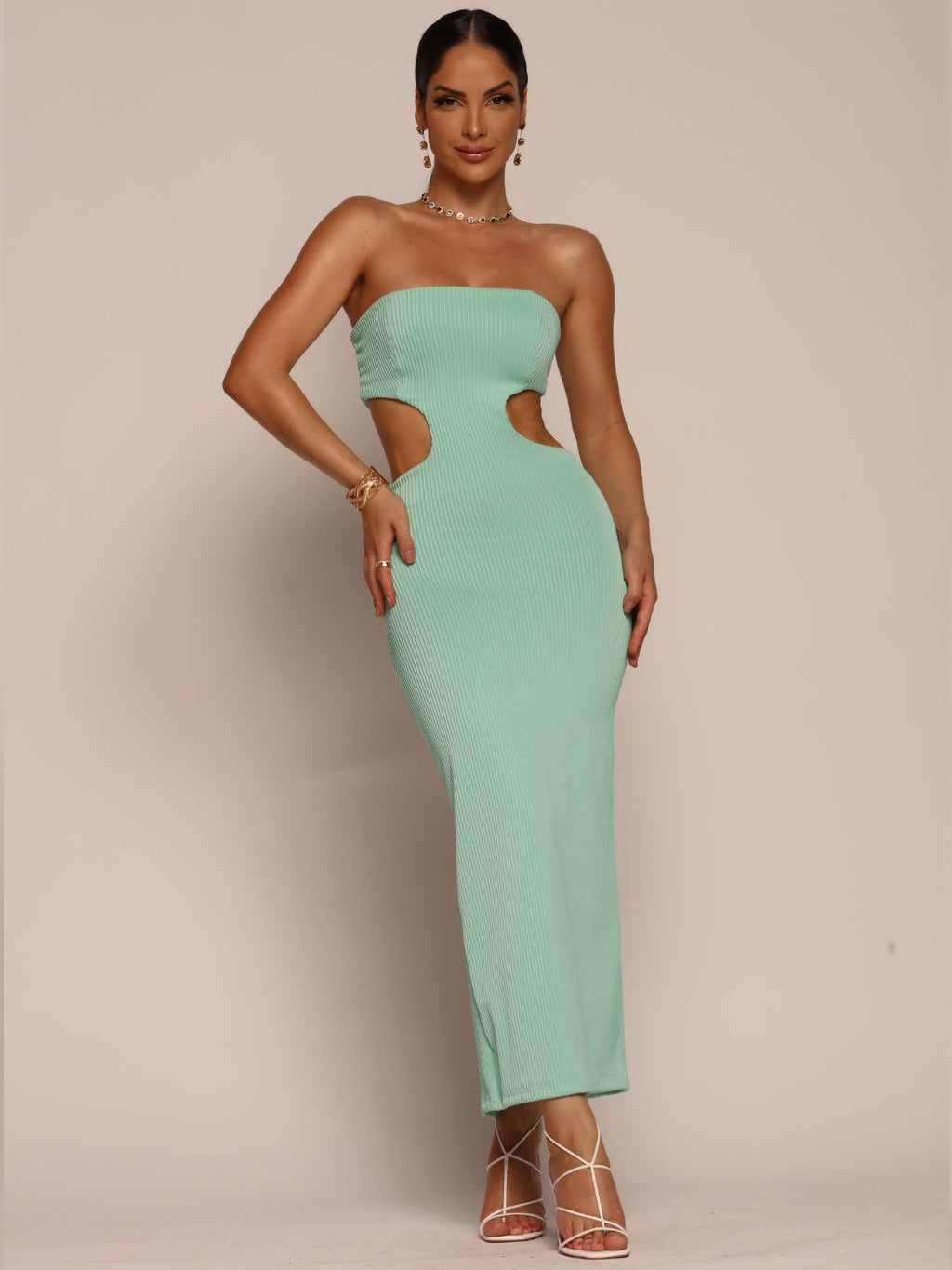 Vestido Midi Feminino Canelado Tomara que Caia com Abertura na Cintura Lunii