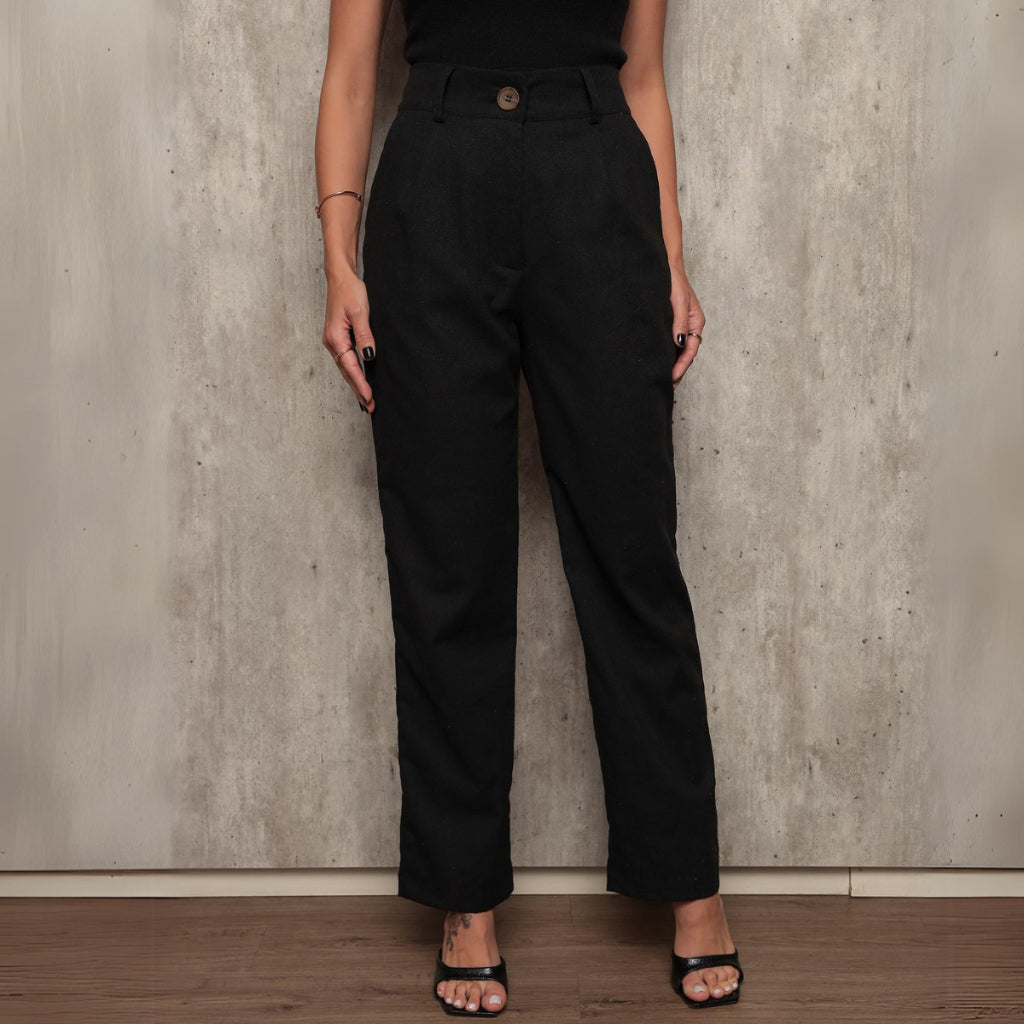 Calça Social Feminina Alfaiataria Linho Cintura Alta e Bolso