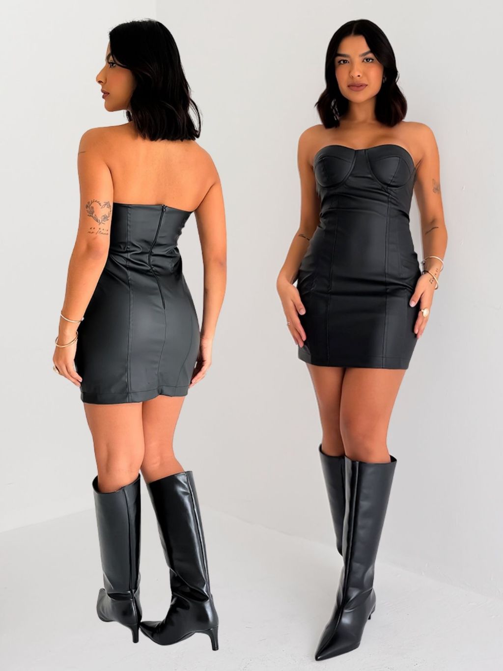 Vestido Curto em Couro Sintético Júlia Outono/Inverno 2025 - Decote Meia Taça