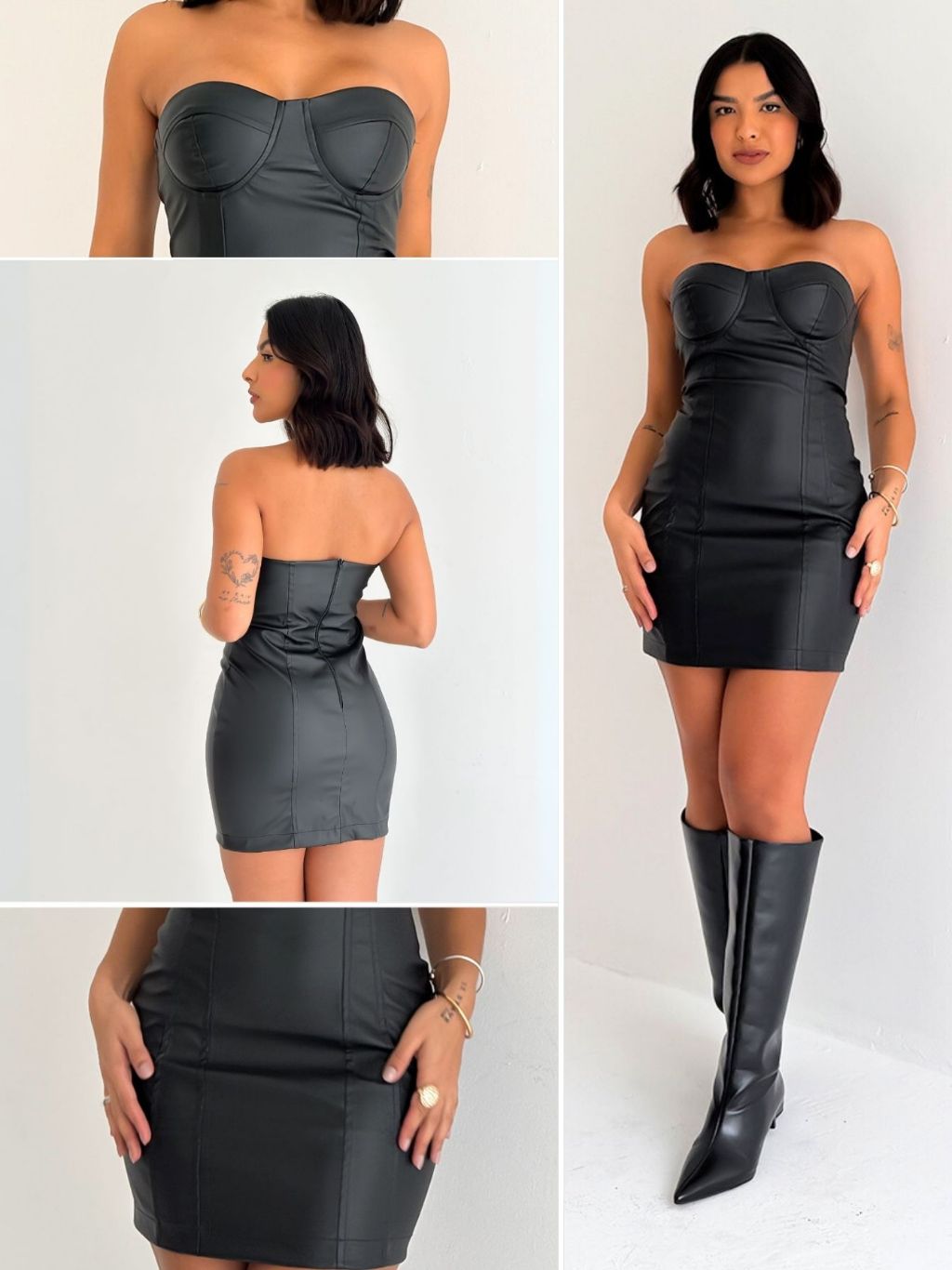 Vestido Curto em Couro Sintético Júlia Outono/Inverno 2025 - Decote Meia Taça