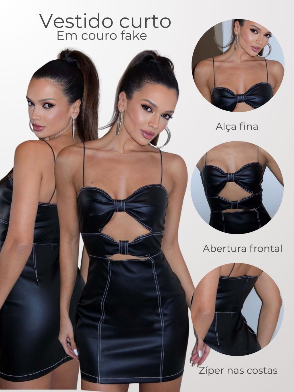 Vestido Curto Feminino de Tecido Sintético Pesponto Alça Finas Vazado Na Frente Modelador LUNII