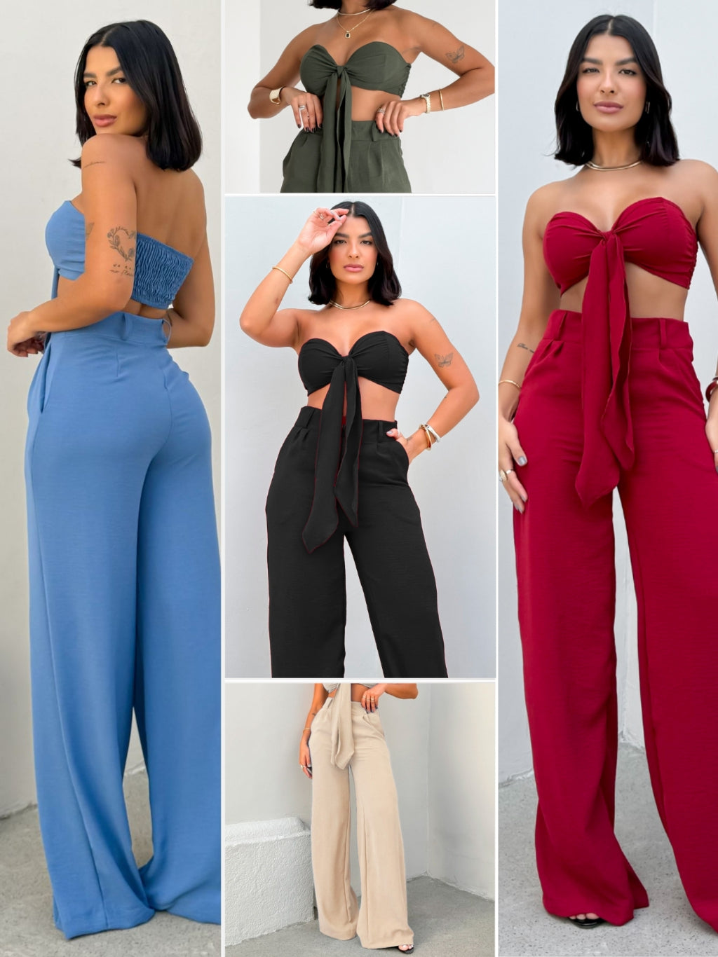 Conjunto Feminino Verão Top Cropped com Laço e Calça Pantalona Duna Elegante Leve Confortável