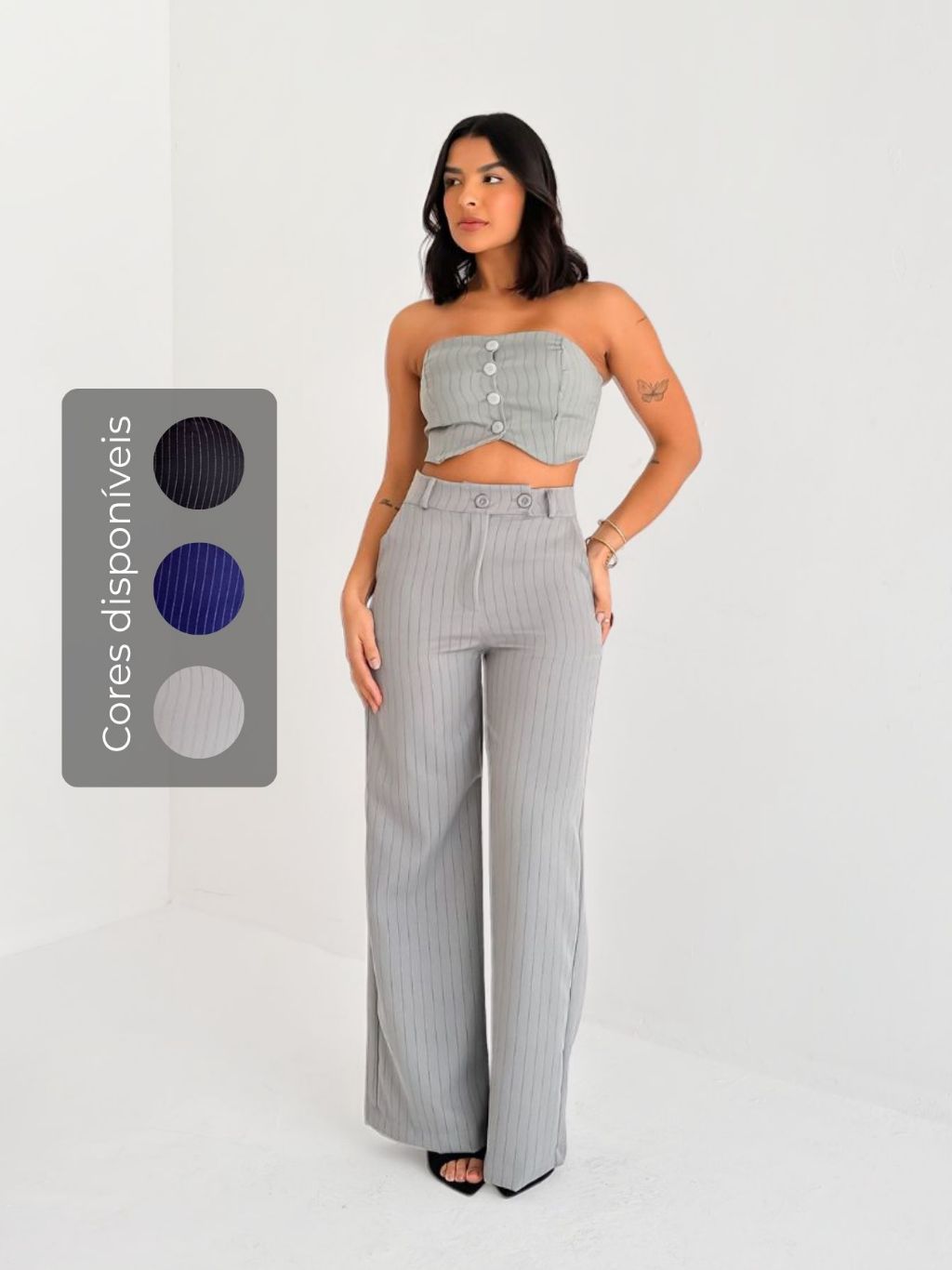 Conjunto Alfaiataria Feminino Risca de Giz Top e Calça Bolsos Laterais Pregas Cós Caimento Moderno