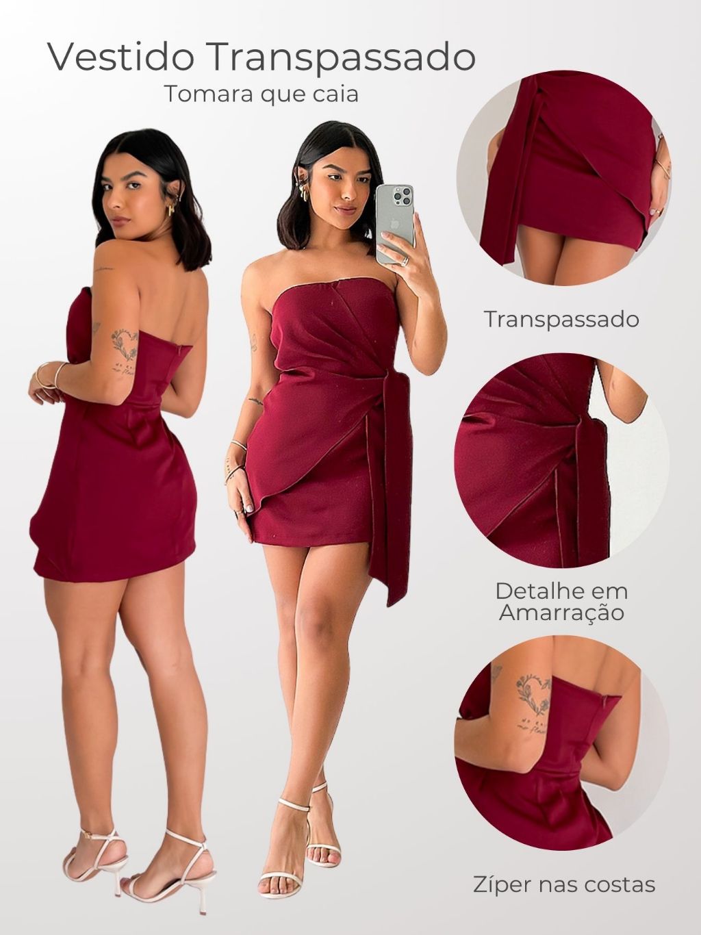Vestido Feminino Alfaiataria Tomara que Caia Curto Transpassado Caimento Impecável Elegante