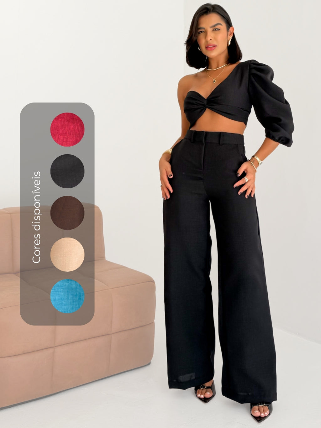 Conjunto Top Manga Única Balonê e Calça Pantalona em Linhão Gabriela Marca LUNII