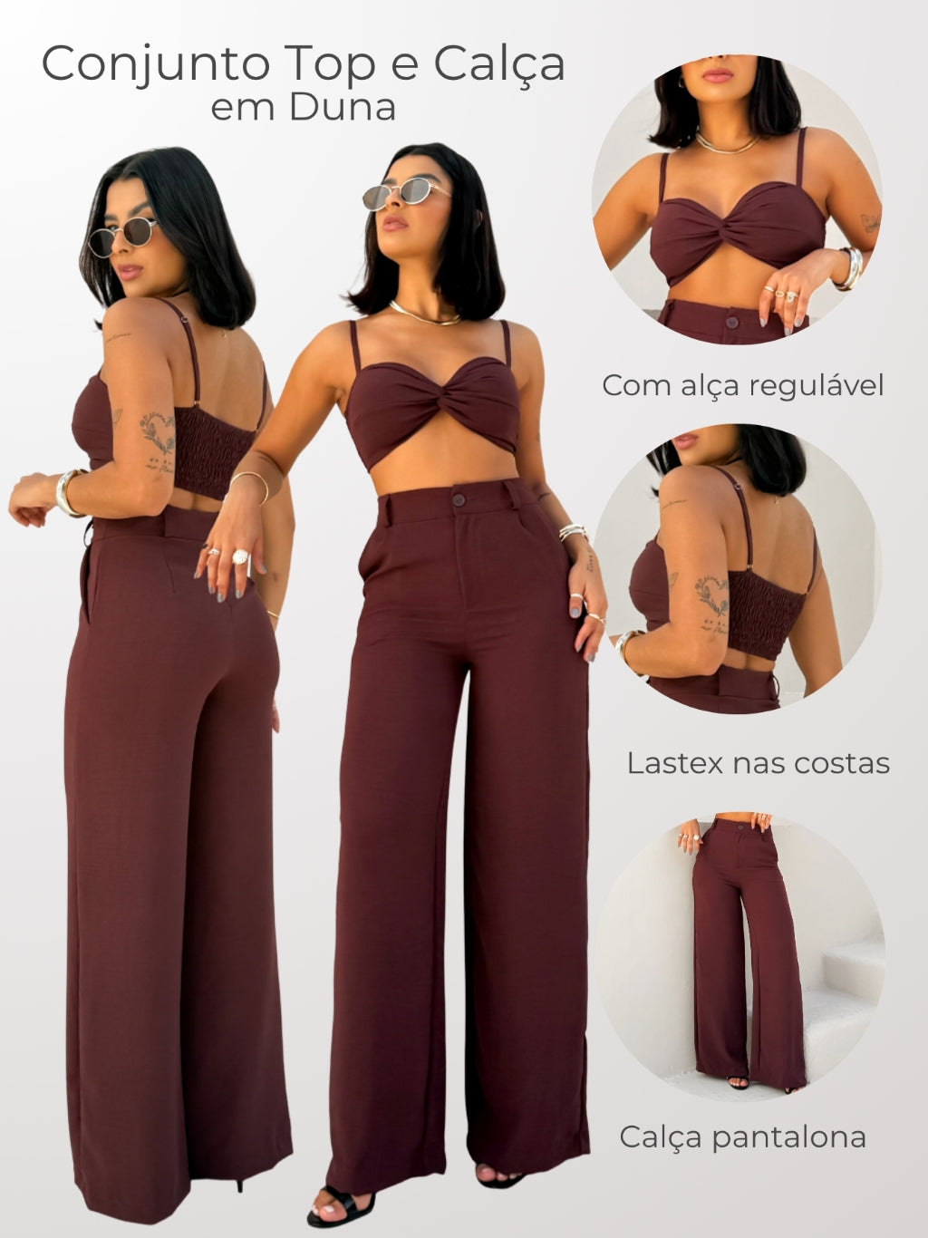 Conjunto Top Cropped de Alça sem Bojo e Calça Pantalona em Duna Helena Marca LUNII