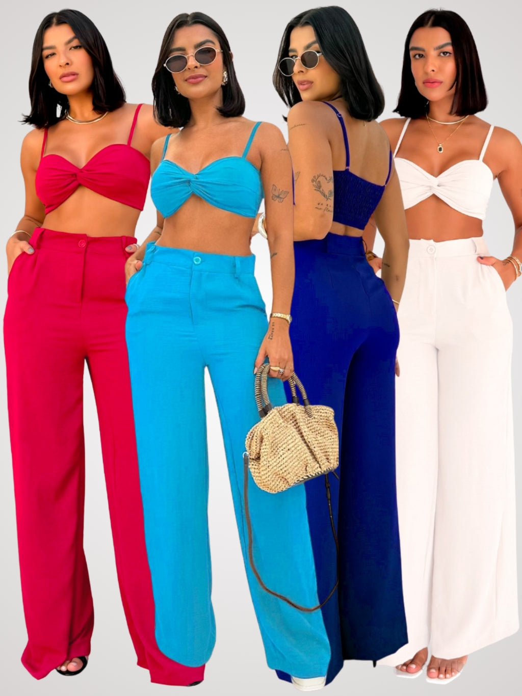 Conjunto Top Cropped de Alça sem Bojo e Calça Pantalona em Duna Helena Marca LUNII