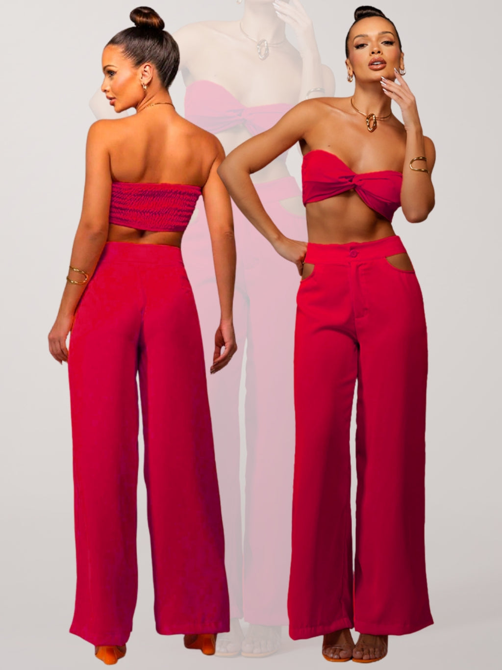 Conjunto Feminino de Crepe Seda Vazado nas Laterais do Cós Sensual e Luxuoso