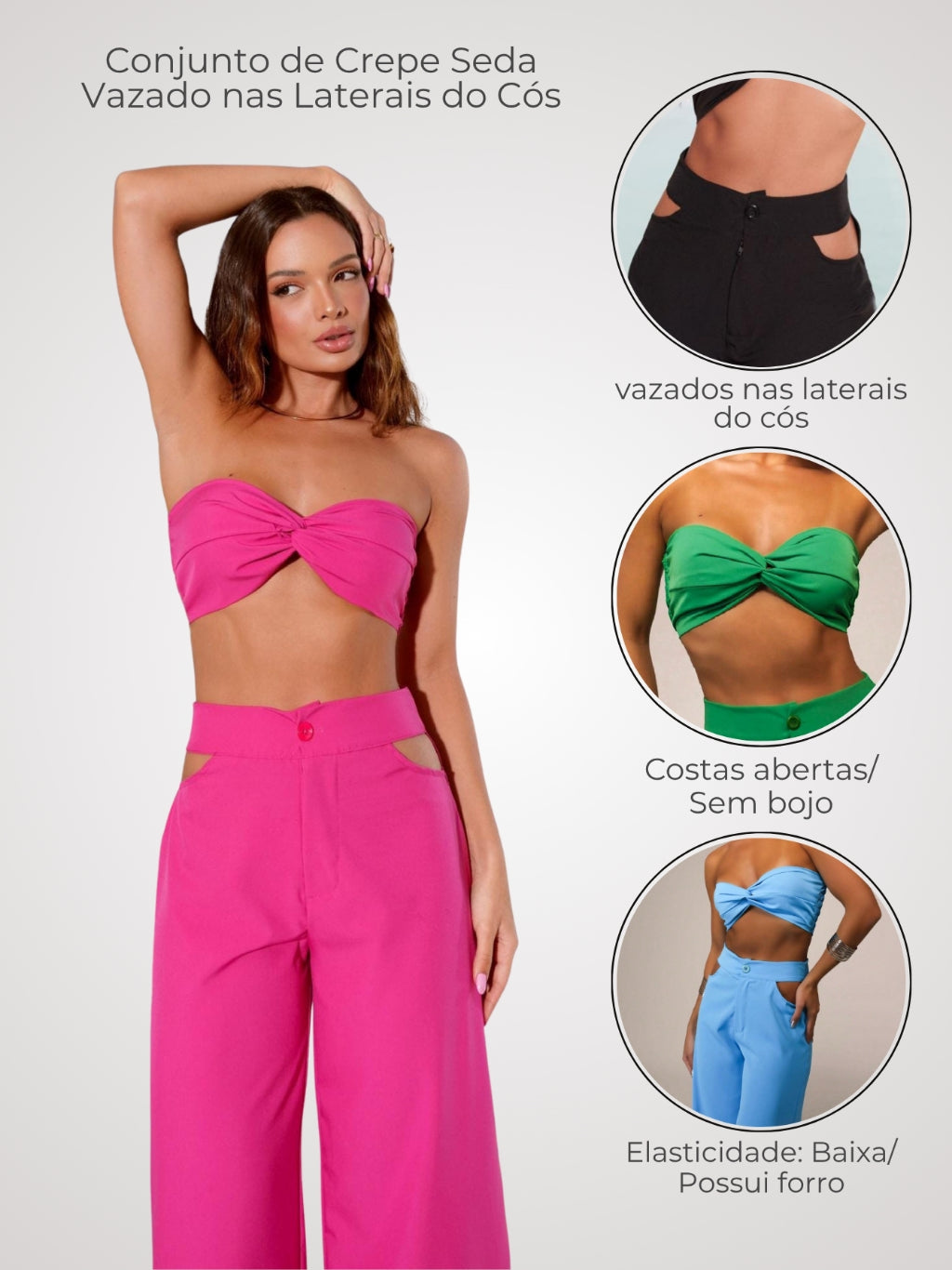Conjunto Feminino de Crepe Seda Vazado nas Laterais do Cós Sensual e Luxuoso
