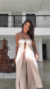 Conjunto Top Túnica Sem Alças e Calça Pantalona Wide Leg em Crepe Veneza LUNII