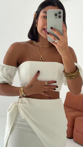 Conjunto Feminino Alfaiataria Saia Envelope Curta com Cropped Manga Princesa Elegante