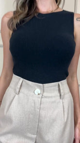 Calça Social Feminina Alfaiataria Linho Cintura Alta e Bolso