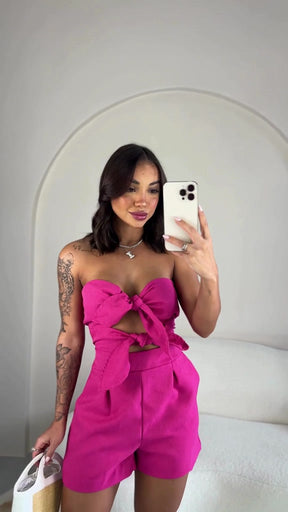 Macaquinho Lunii Moda Verão em Linho com Nó Frontal no Top e Short Alfaiataria Elegante