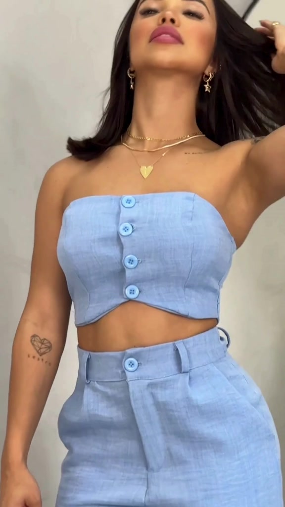 Conjunto Feminino Top e Calça em Linhão Candy Colors Top Tomara Que Caia Com Botões