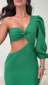 Vestido Feminino Balonê de Uma Manga Longa Única em Linhão com Bojo Lunii