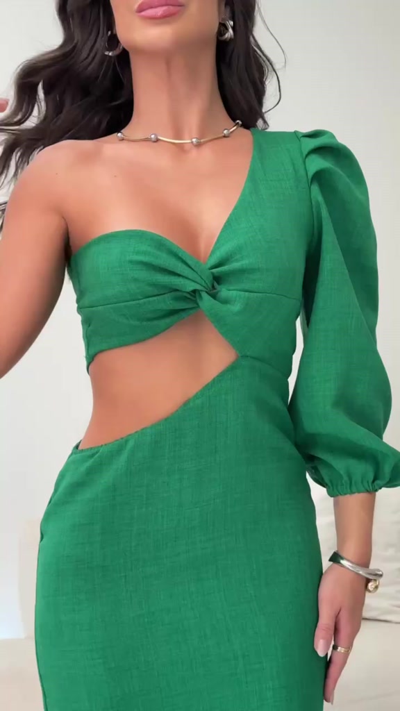 Vestido Feminino Balonê de Uma Manga Longa Única em Linhão com Bojo Lunii