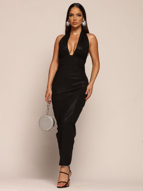 Vestido Midi Franzido com Decote nas Costas.