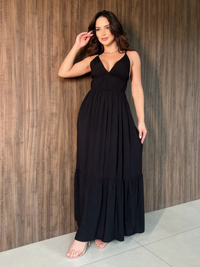 Vestido Longo de Viscose Drapeado com Caimento