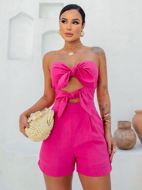 Macaquinho Feminino em Linho com Nó Frontal e Short Alfaiataria Moda Verão Elegante