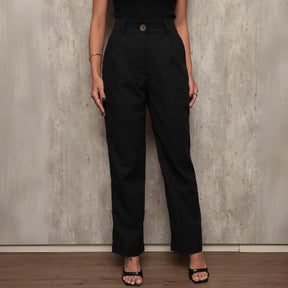 Calça Social Feminina Alfaiataria Linho Cintura Alta e Bolso