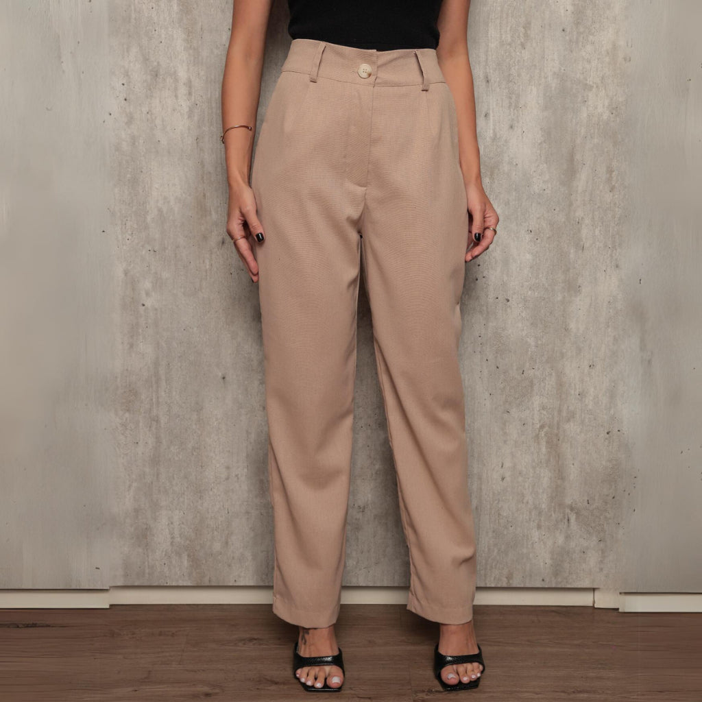 Calça Social Feminina Alfaiataria Linho Cintura Alta e Bolso