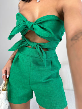 Macaquinho Lunii Moda Verão em Linho com Nó Frontal no Top e Short Alfaiataria Elegante