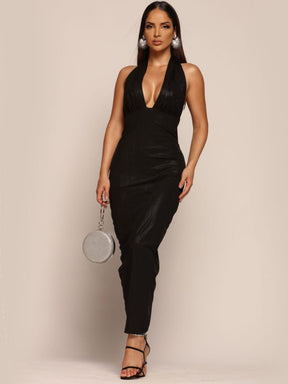 Vestido Midi Franzido com Decote nas Costas Moda Luxo Lunii