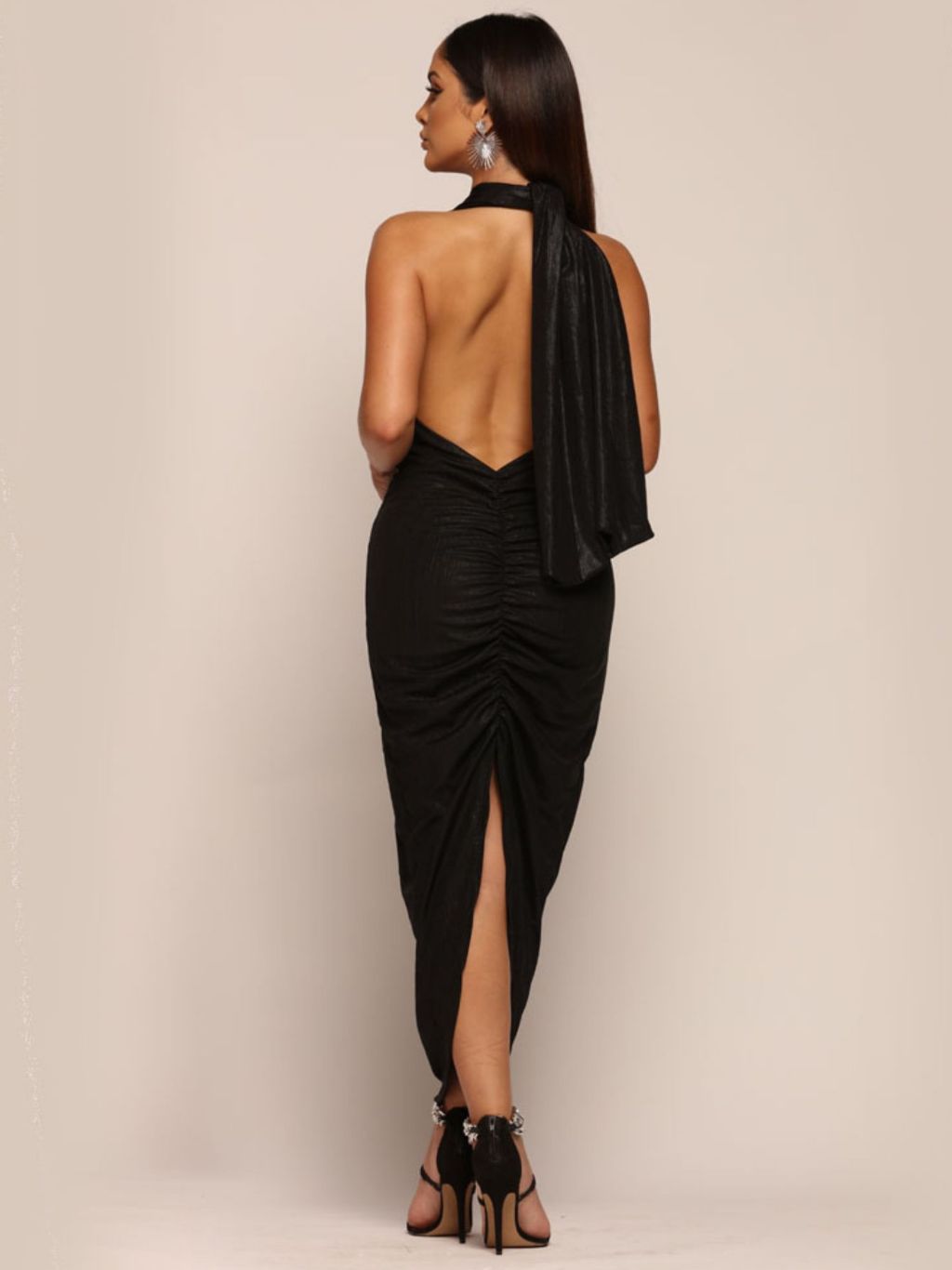 Vestido Midi Franzido com Decote nas Costas Moda Luxo Lunii