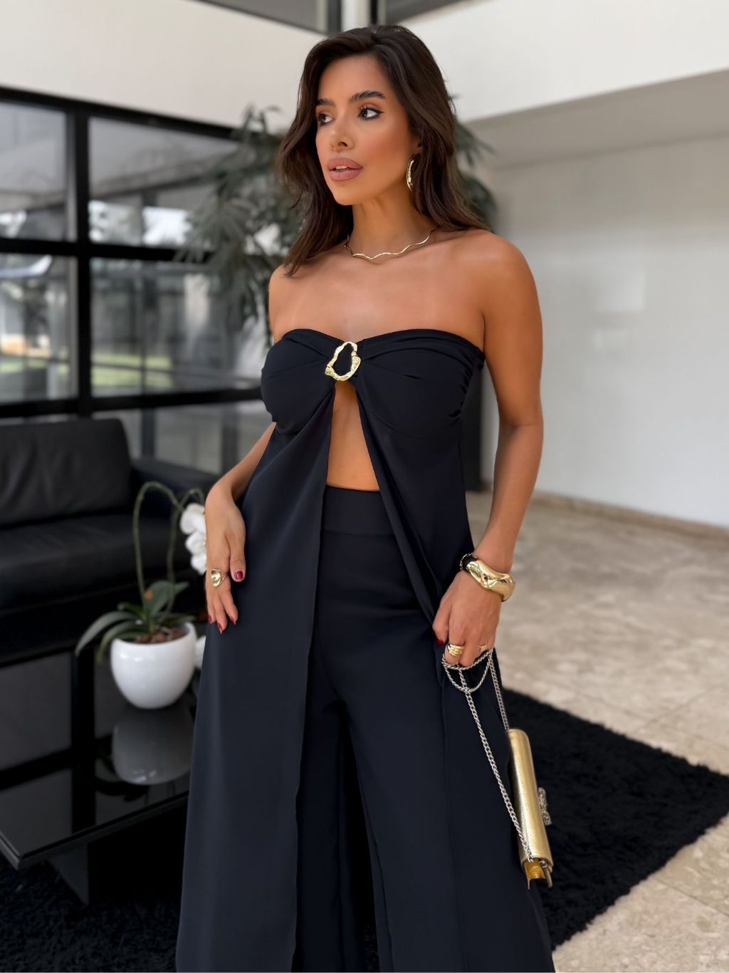 Conjunto Top Túnica Sem Alças e Calça Pantalona Wide Leg em Crepe Veneza LUNII