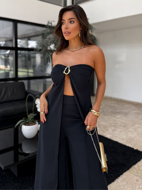 Conjunto Top Túnica Sem Alças e Calça Pantalona Wide Leg em Crepe Veneza LUNII