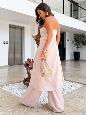 Conjunto Top Túnica Sem Alças e Calça Pantalona Wide Leg em Crepe Veneza LUNII