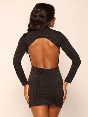 Vestido Brilho Strass com Gola Alta Manga Comprida Lunii