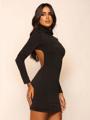 Vestido Brilho Strass com Gola Alta Manga Comprida Lunii