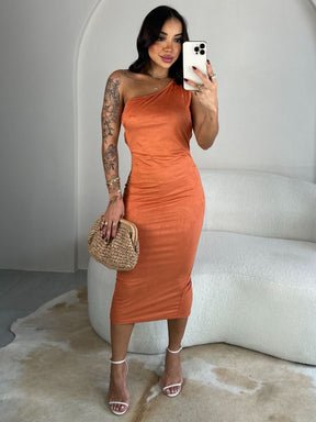 Vestido Drapeado Cordões Fenda Barra Traseira da Saia Lunii