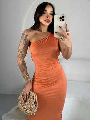 Vestido Drapeado Cordões Fenda Barra Traseira da Saia Lunii