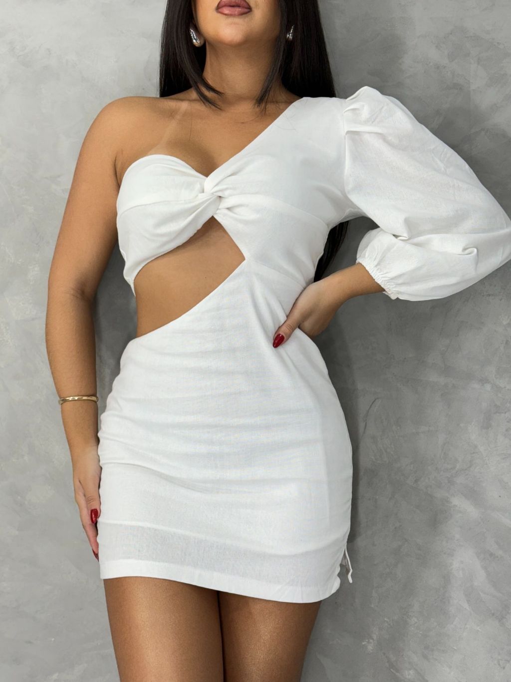 Vestido Curto Com Manga Balonê Em Linho Moda Luxo Feminina