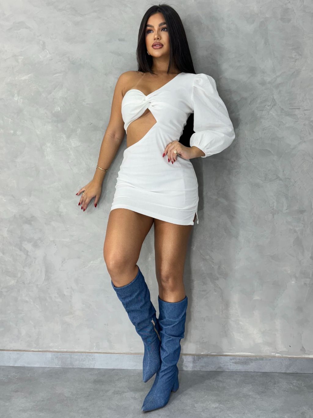 Vestido Curto Com Manga Balonê Em Linho Moda Luxo Feminina