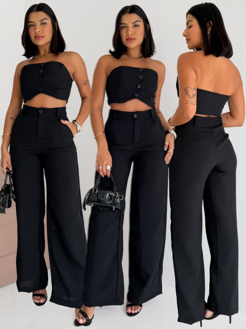 Conjunto Feminino Top e Calça em Linhão Candy Colors Top Tomara Que Caia Com Botões