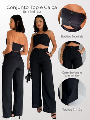 Conjunto Feminino Top e Calça em Linhão Candy Colors Top Tomara Que Caia Com Botões