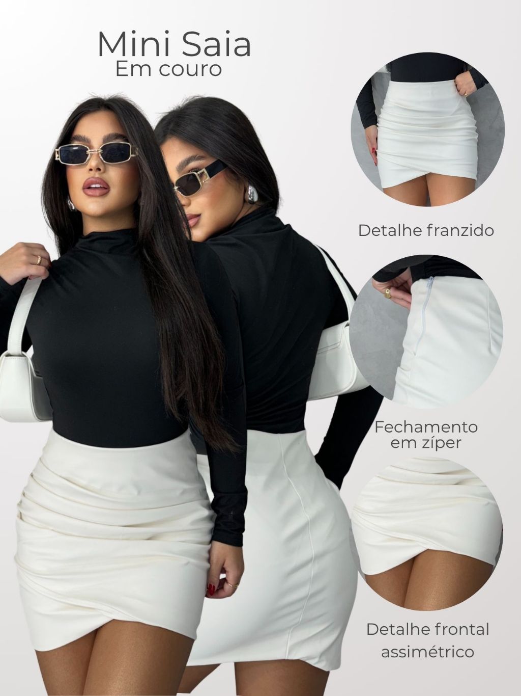 Saia Curta Feminina em Couro Sintético com Zíper Frontal e Detalhes Fashion Lunii