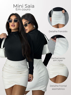 Saia Curta Feminina em Couro Sintético com Zíper Frontal e Detalhes Fashion Lunii