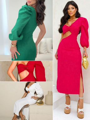 Vestido Feminino de Uma Única Manga Balonê Longa Sofisticado e Sexy