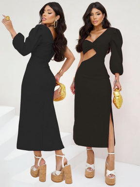 Vestido Feminino de Uma Única Manga Balonê Longa Sofisticado e Sexy