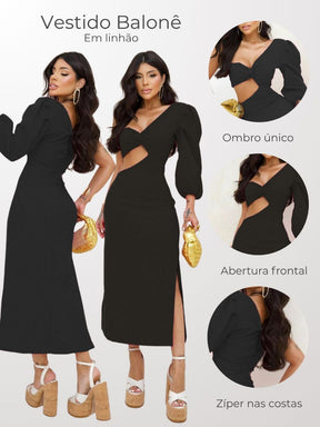 Vestido Feminino de Uma Única Manga Balonê Longa Sofisticado e Sexy