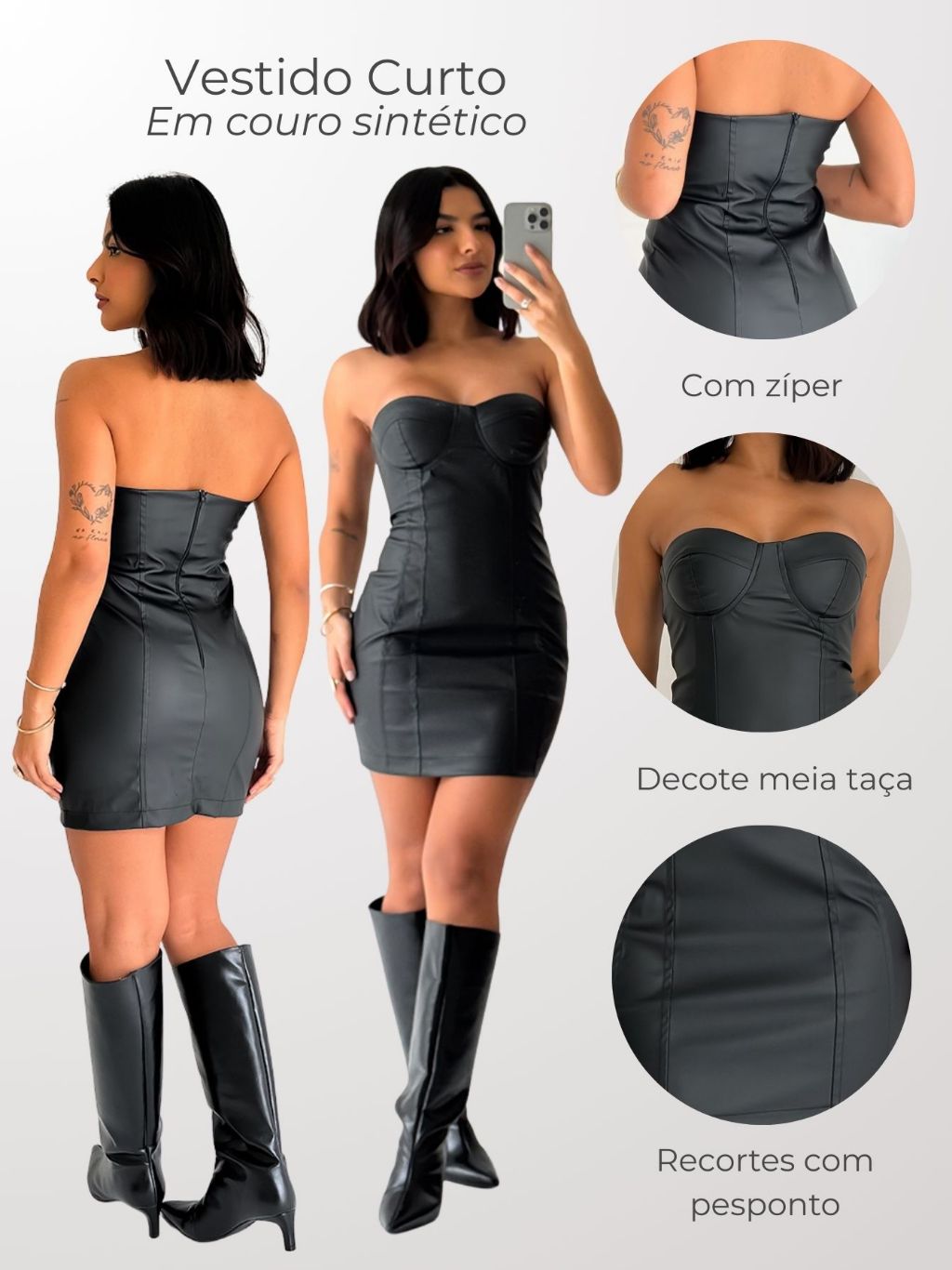 Vestido Curto em Couro Sintético Júlia Outono/Inverno 2025 - Decote Meia Taça