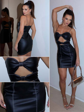 Vestido Curto Feminino de Tecido Sintético Pesponto Alça Finas Vazado Na Frente Modelador LUNII