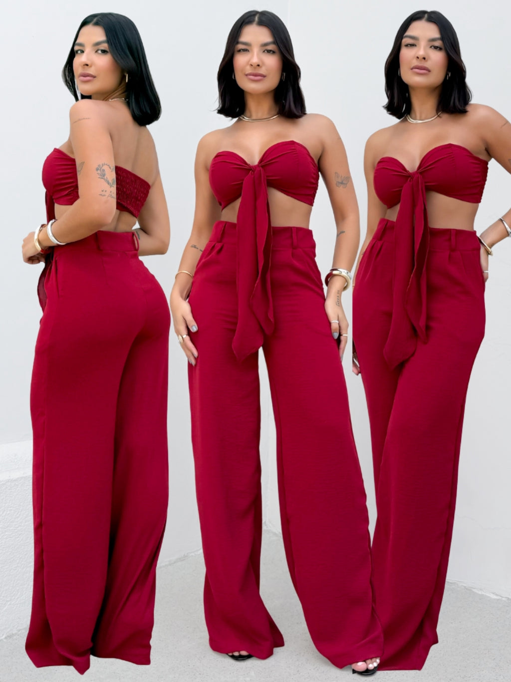 Conjunto Feminino Verão Top Cropped com Laço e Calça Pantalona Duna Elegante Leve Confortável