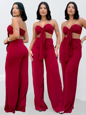 Conjunto Feminino Verão Top Cropped com Laço e Calça Pantalona Duna Elegante Leve Confortável