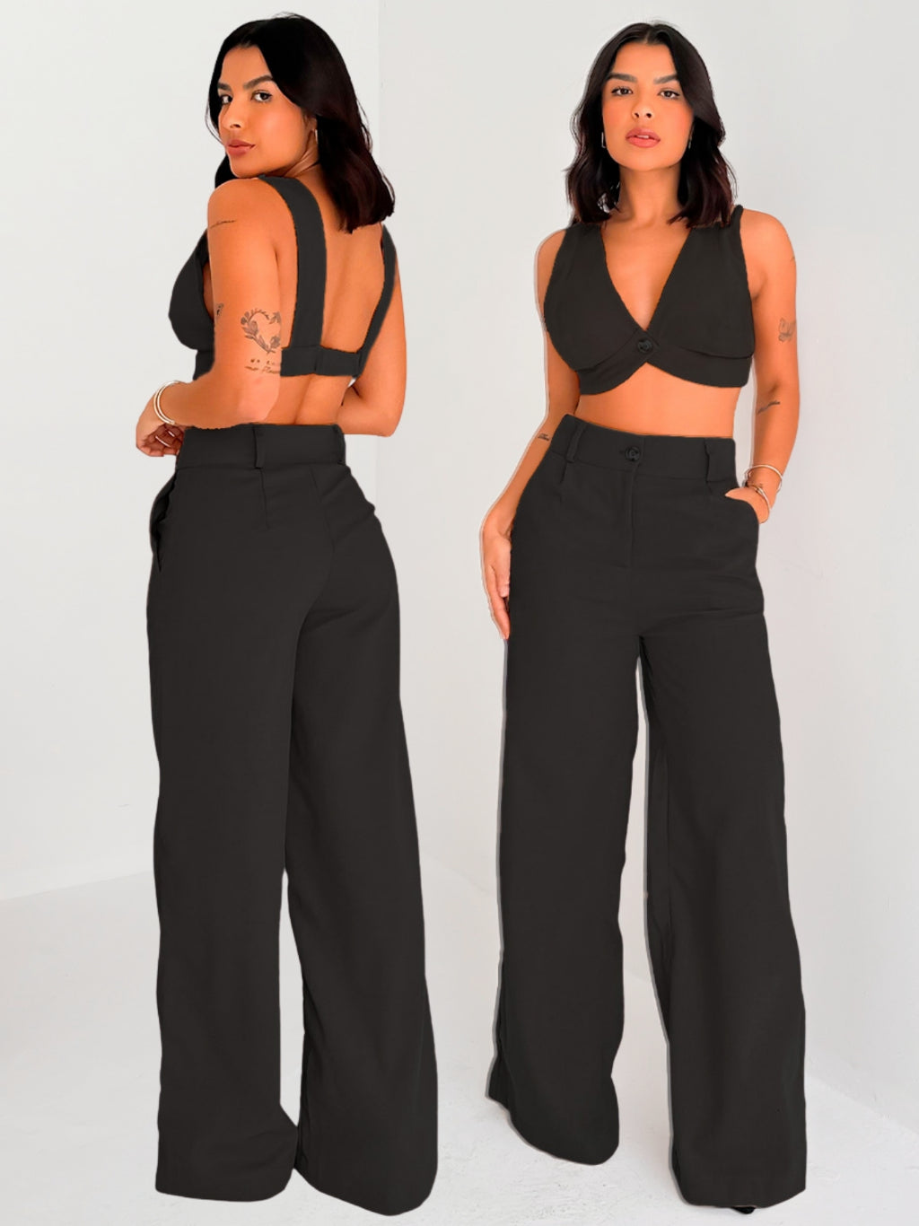 Conjunto Feminino Linho Top Alças e Calça Pantalona Verão Fluida Leve Fresca para o Dia a Dia