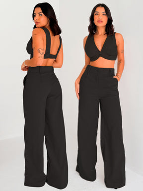 Conjunto Feminino Linho Top Alças e Calça Pantalona Verão Fluida Leve Fresca para o Dia a Dia